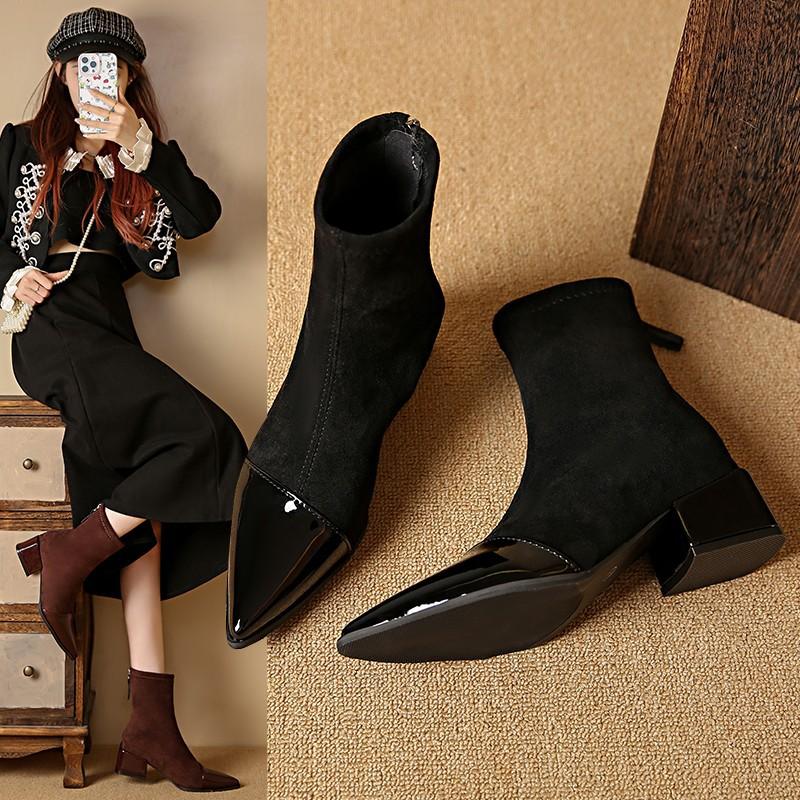 Suede boots women's autumn and winter new thin French temperament small bare boots pointed short boots women's boots