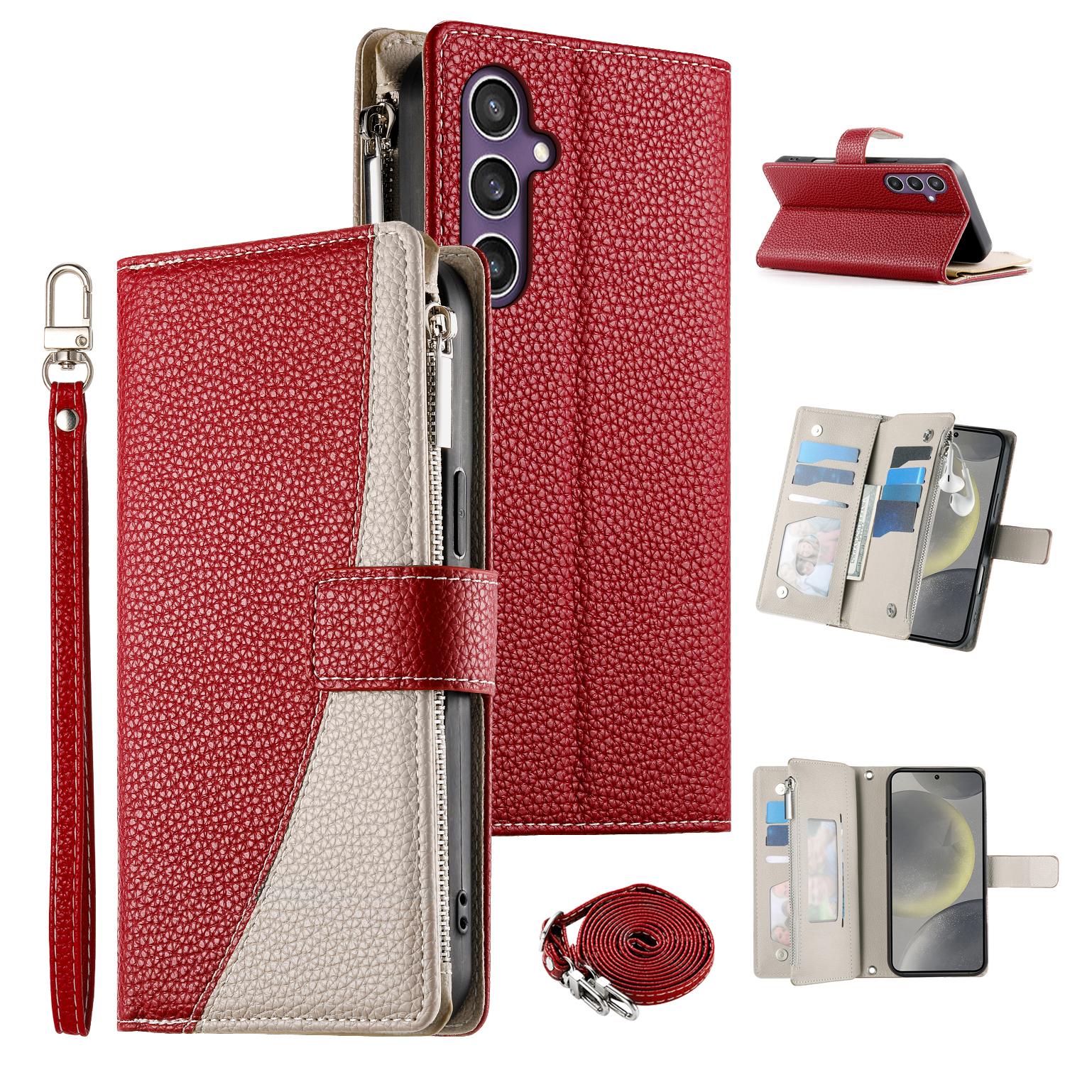 

For Samsung Galaxy S25/S24 Case Zipper Wallet Color Splicing Leather Flip Phone Cover with Straps Red