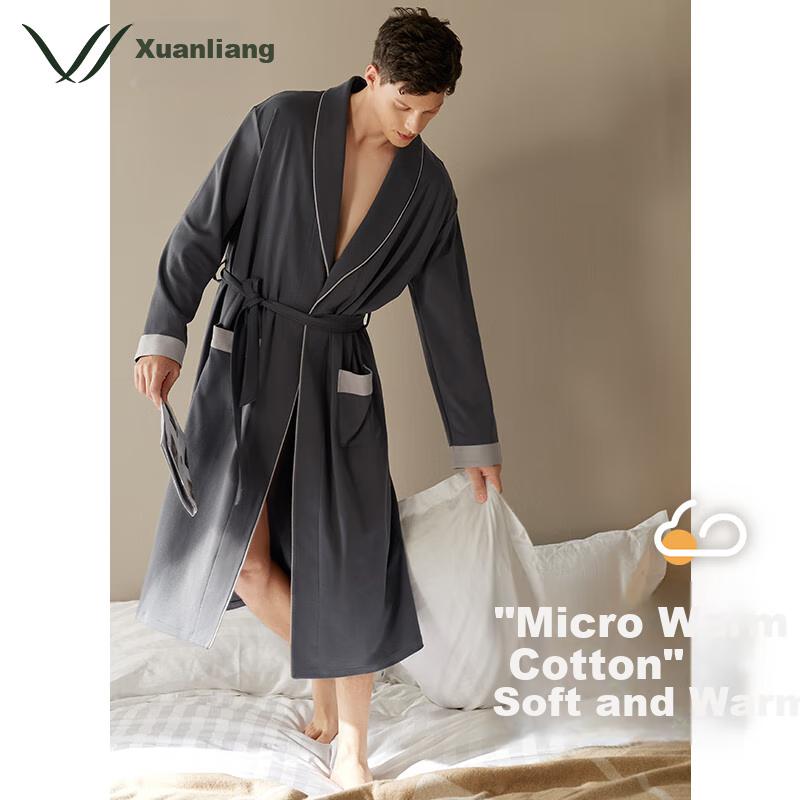XULEN Men's Sleepwear, Spring And Autumn Pure Cotton Long-Sleeve Pajamas, All-Cotton Bathrobe, Long-Style Loungewear, 73397 Dark Gray, Size L