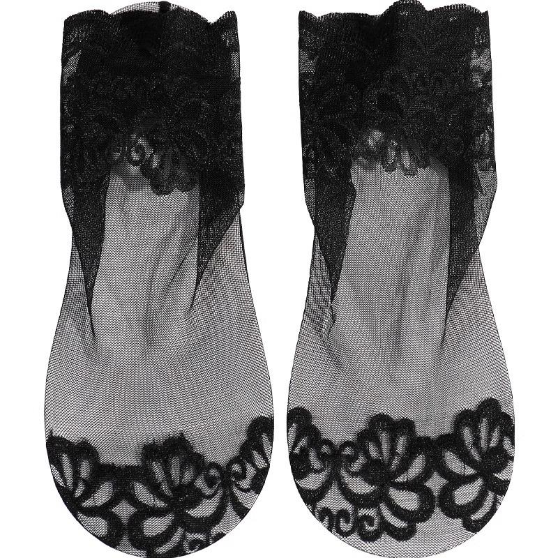 Spitzen-Söckchen für Damen: Baumwollunterteil, Unifarben, Mesh-Spitzendesign, Mittlere Wadenlänge, Schwarz, für Frühling/Sommer