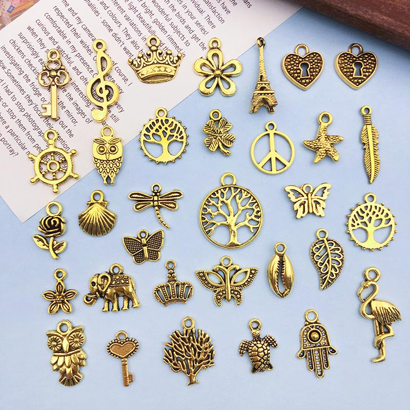 30 Mixed Antique Gold Crown Owl Alloy Pendants for DIY Vintage Retro Jewelry.