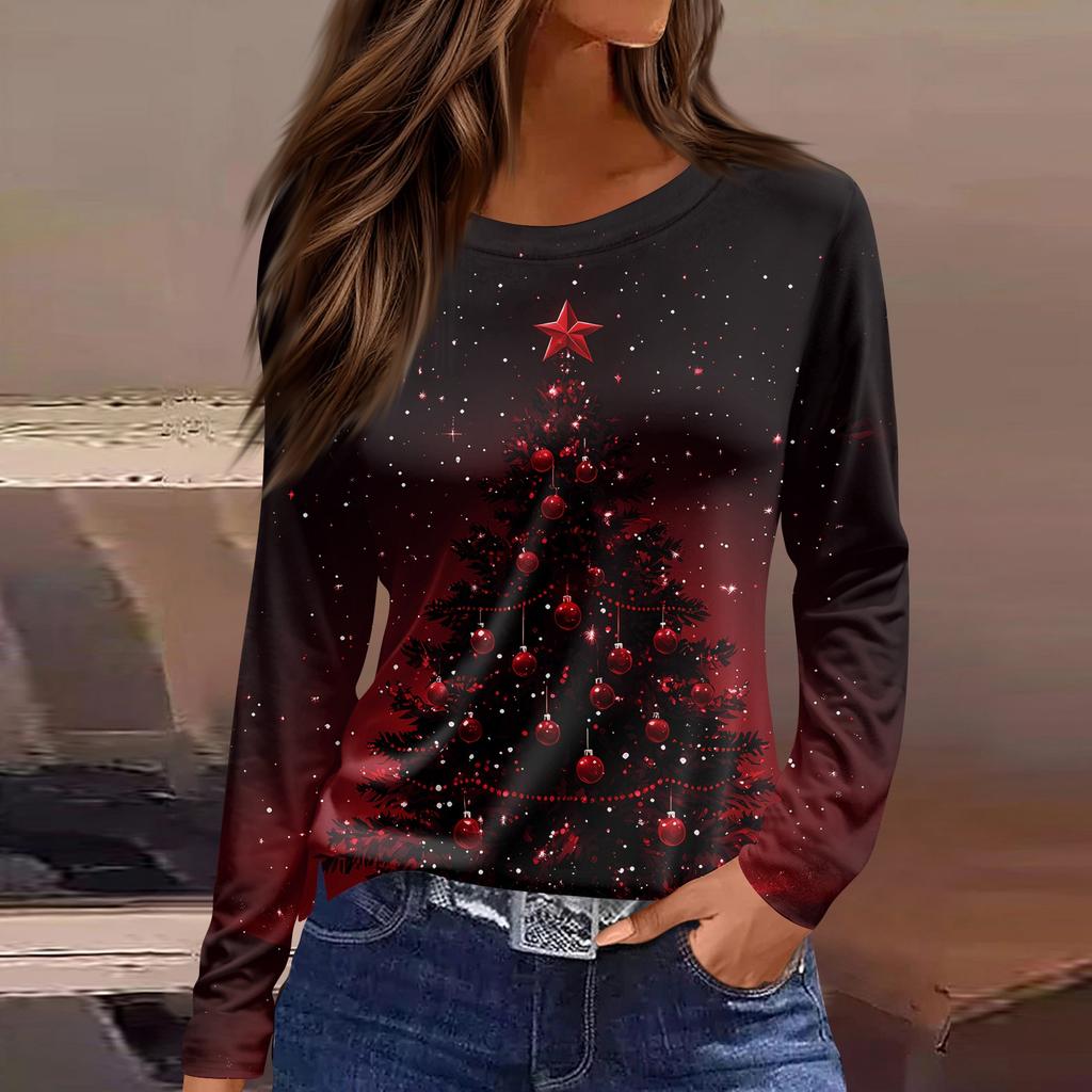 Damenmode Lässig Schlitzsaum Rundhals Langarm Locker Weihnachten Bedrucktes T-Shirt Damen Oberteil