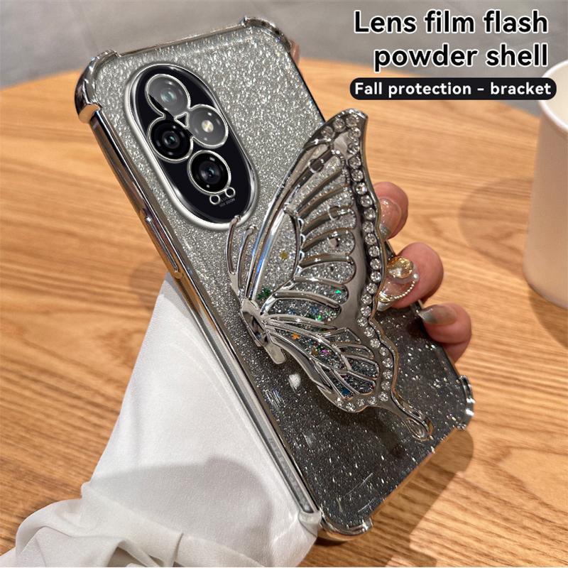 

Glitter Plating Quicksand Butterfly Phone Holder Case for Huawei Honor 400 300 Ultra 200 100 90 Lite 80 70 60 Pro Cover Honor 100 серебряный