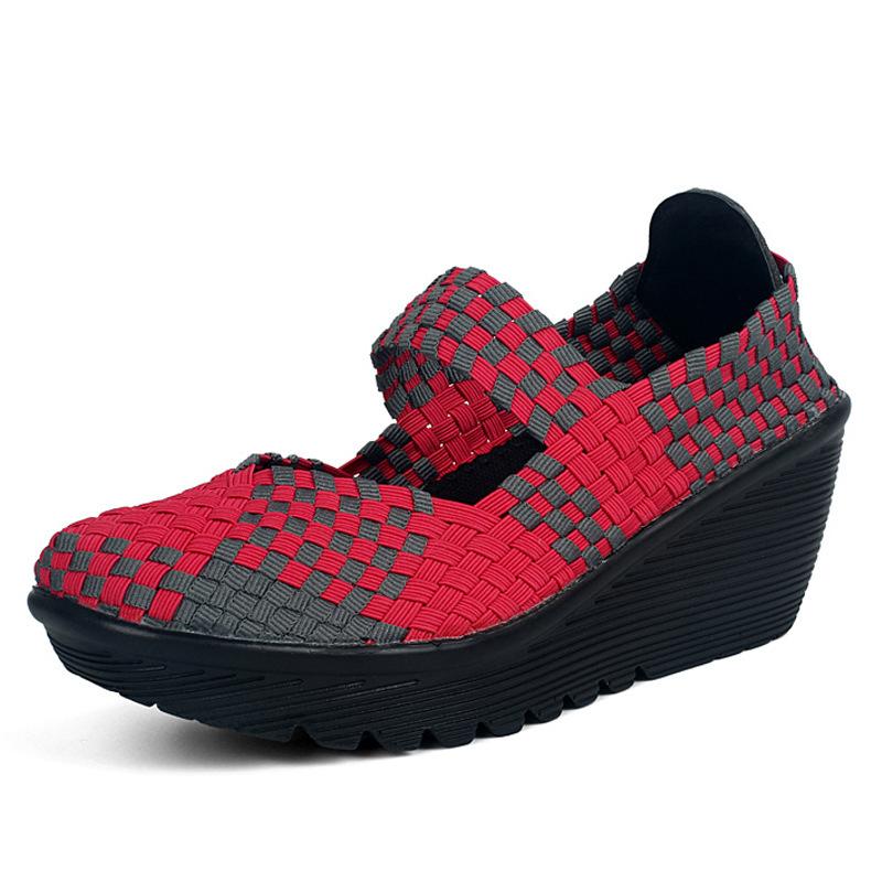 Dámské tkané elastické robustní podpatky na klínu Platforma pro volný čas Nízké podpatky Lehká prodyšná Mary Jane pro ženy Nazouvací lodičky Boty Vycházková obuv