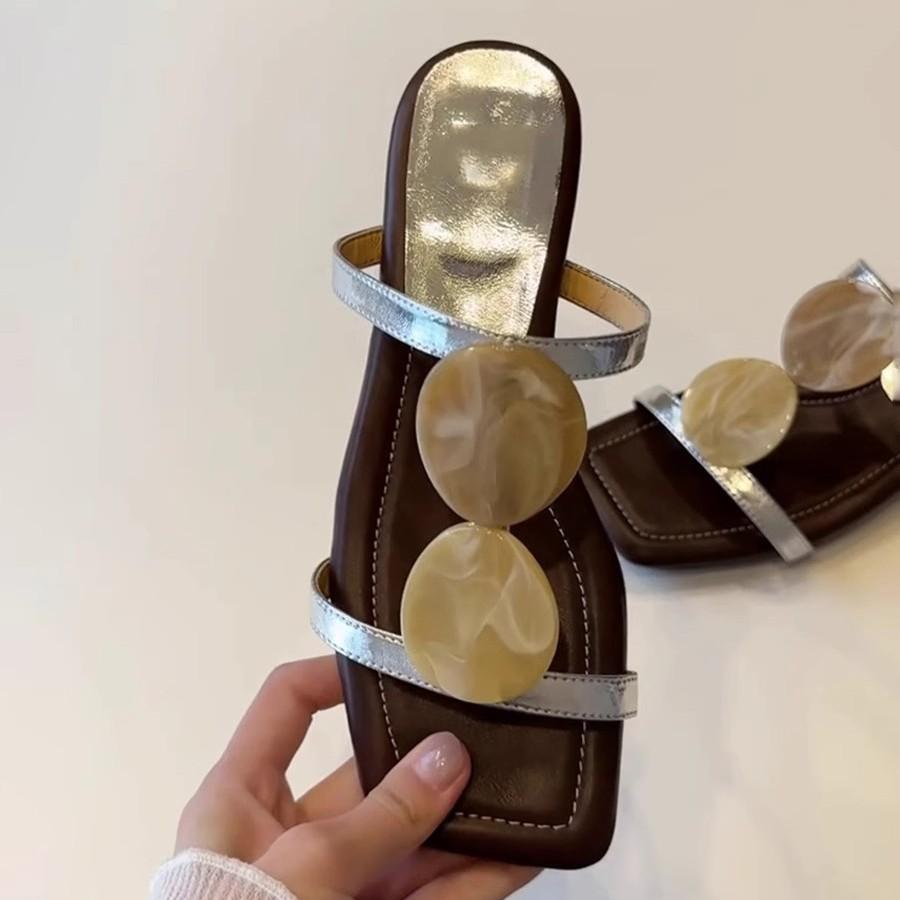 Soft Leather Version~ Niche French One-word Cool Slippers Women's Open-toed Square Head Temperament Roman Shoes Flat Beach Shoes