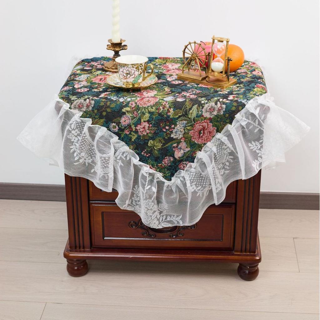 Tablecloth Jacquard Green Rose Oil Painting Plant Outdoor Tablecloth Lace Ruffle Coffee Machine Cover
