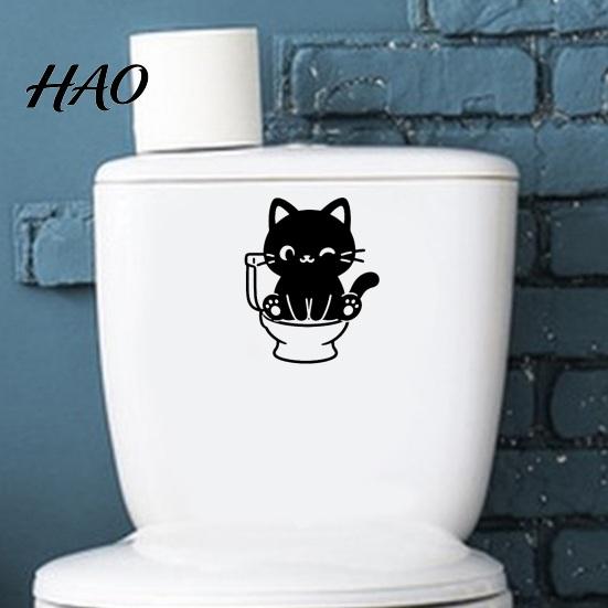 Funny Bathroom Wall Art Black Cat Toilet Sticker, Cute Cartoon Decal, Decorative Tiles Stickers PVC Waterproof Removable Tank Sticker for Washroom