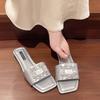 Square head flat bottom slippers women's summer new rhinestone square buckle one word cool slippers women's rhinestone