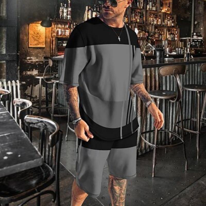 Men's T-shirt Suits 2 Pieces Outfits Tee & Shorts Short Sleeve Crew Neck Summer Fashion Casual Vacation Daily Going Out White Blue Gray Top