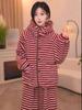 Women's Striped Coral Fleece Hooded Set - Autumn/Winter 2025, Plus Velvet, Thickened for Outdoor Wear