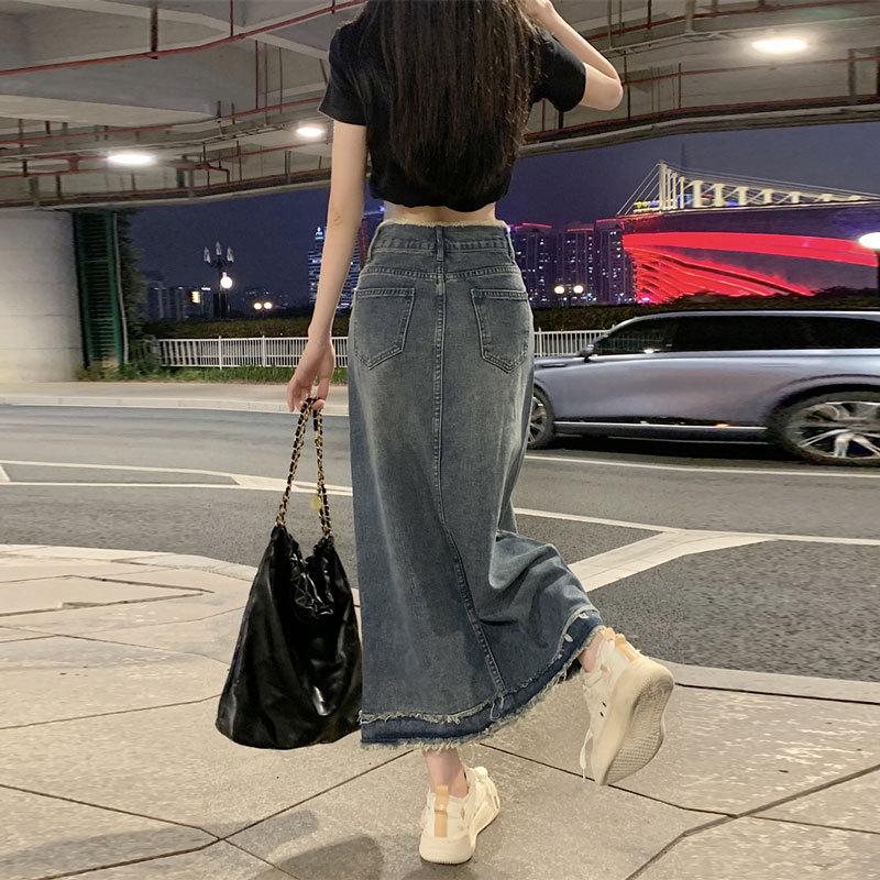 Women's Retro High-Waist Denim Skirt - Summer A-Line, Hip-Hugging, Meat-Covering Design