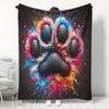 Soft Flannel Blanket - Blue Pink Purple Orange Yellow Splash Paw Print Throw for Couch, Bed, Office, Camping - All-Season Cozy Pet Lover Gift for Dog
