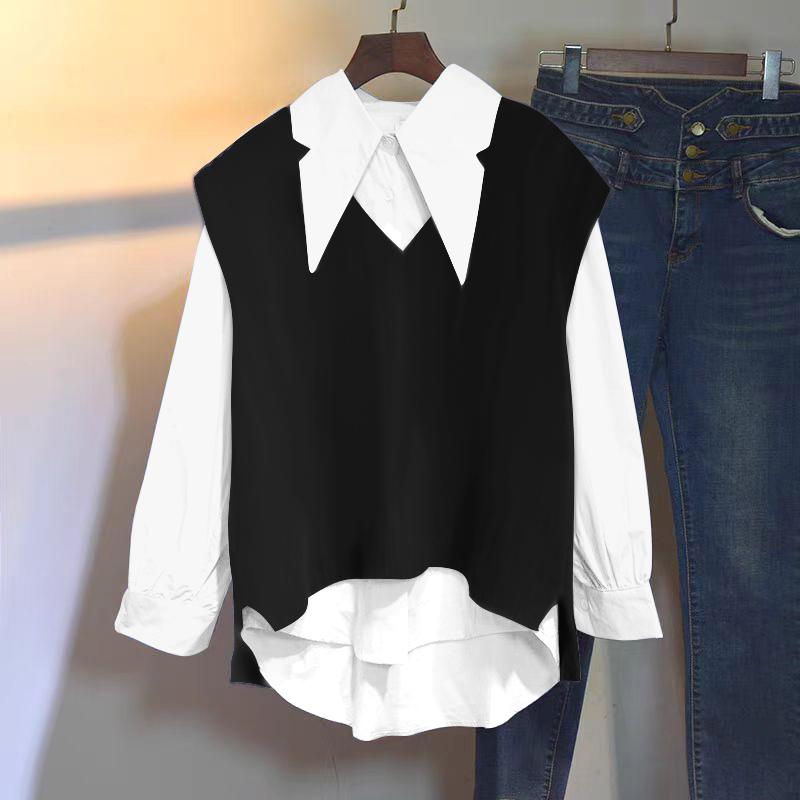 ZANZEA Women Casual Fake Two-Piece Long Sleeve Contrast Color Shirts