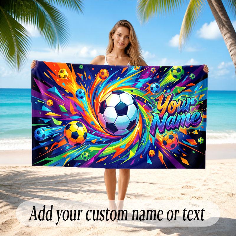 Soccer Theme Beach Towel Personalized Custom Name & Text Soft Quick Dry Beach Towel for Swimming Travel