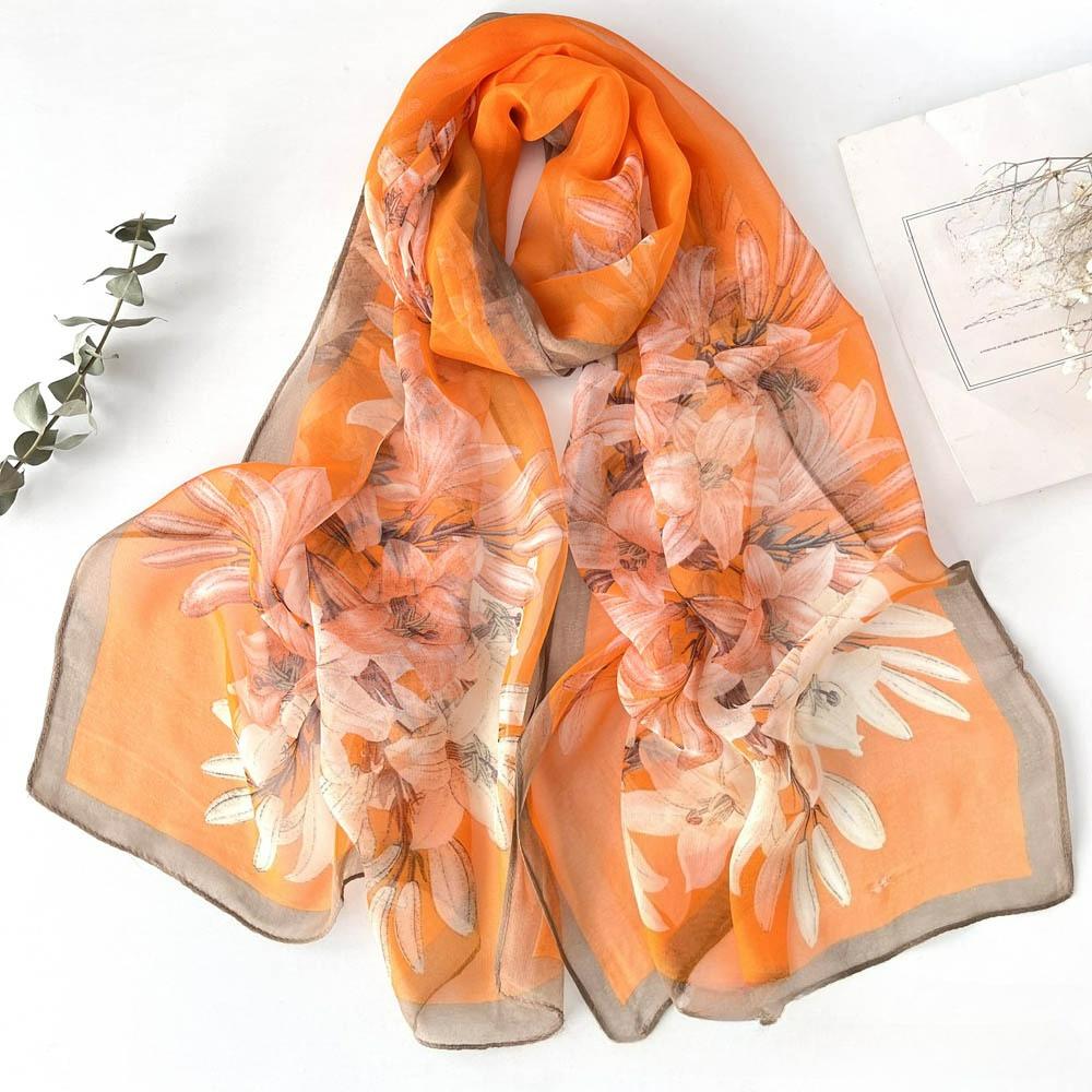 

Летний легкий солнцезащитный шелковый шарф, приятный к коже, универсальный, с лилиями, женский шелковый шарф из жоржета, марлевый шарф 50*160cm