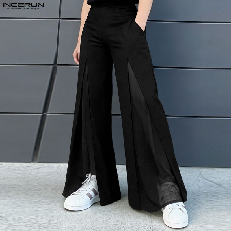 INCERUN Men High Waist Zip-up Side Mesh Patchwork Casual Flare Pants Trousers