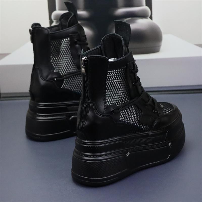 Fashion 12CM Women Breathable Platform Chimney Hollow Fashion Summer Shoes Air Mesh Genuine Leather Synthetic Mid Calf Ankle Boots