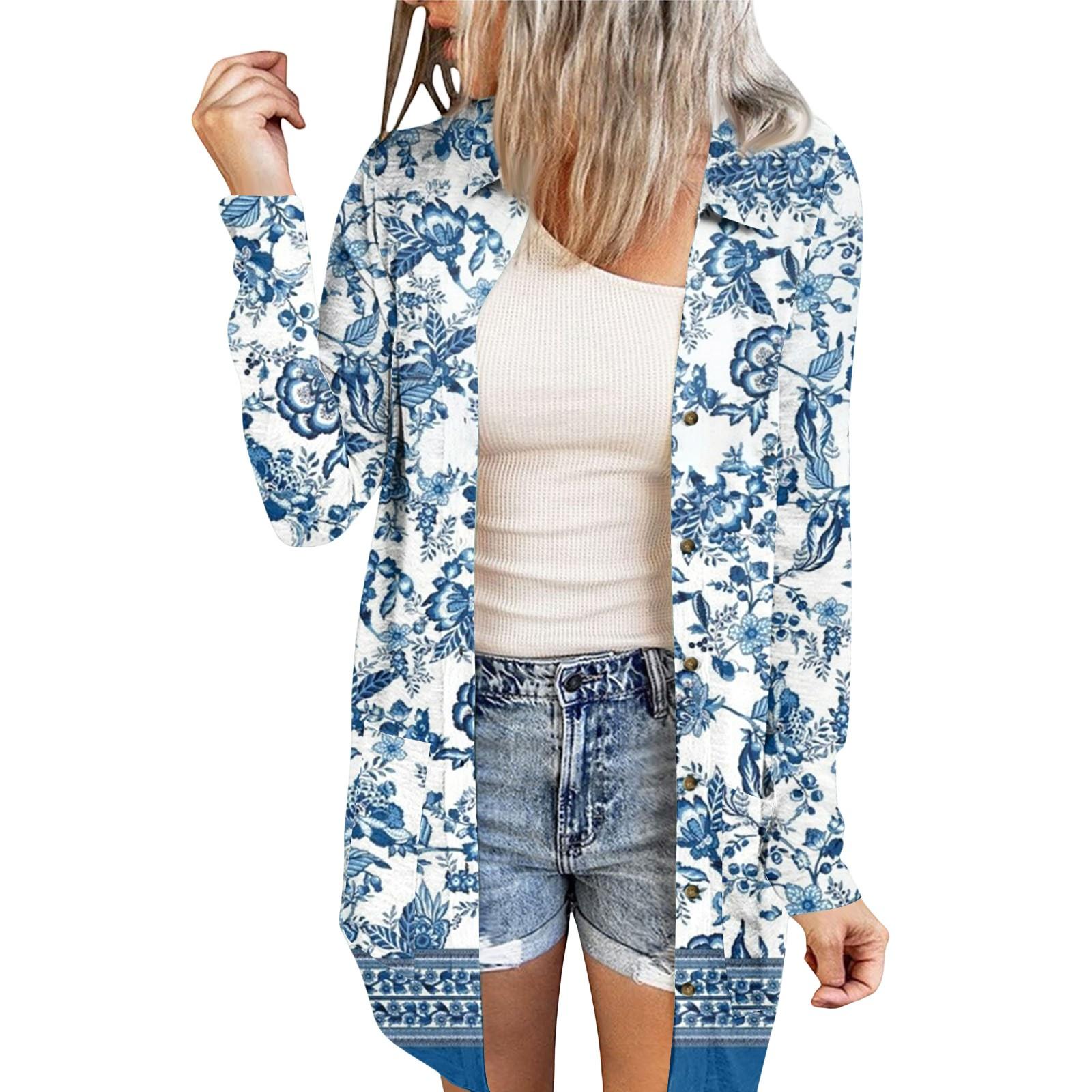 

Women s Casual Fashion Printed Long-sleeved Mid-length Cardigan Jacket L синій