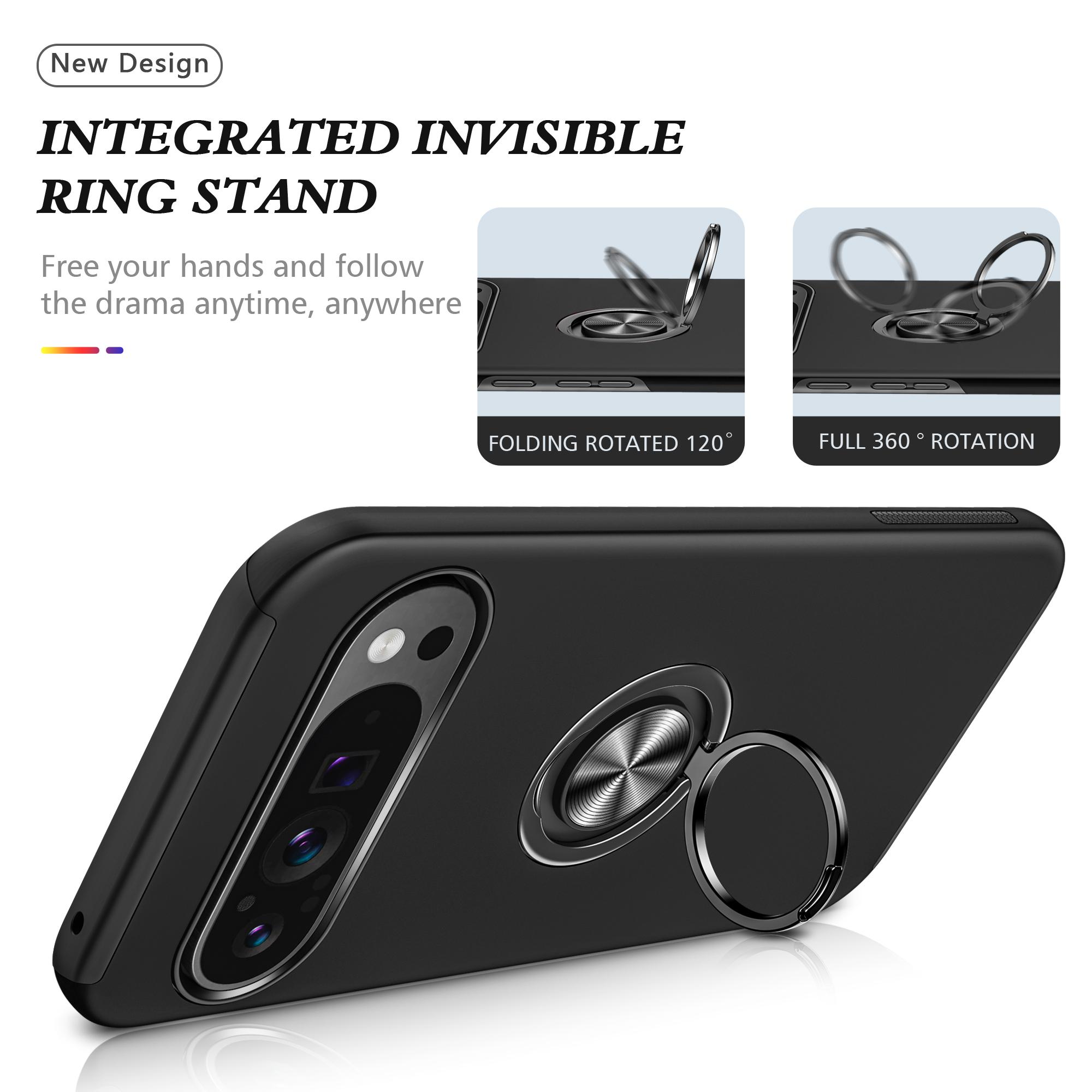 

For Google Pixel 9 Pro XL Back Case Kickstand PC+TPU Shock-Absorbent Phone Cover Black
