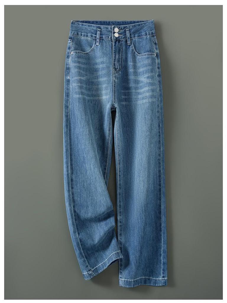 Damen Sommer Tencel Jeans - Schlankmachende Hohe Taille, Gerades Bein, Retro Lockerer Schnitt, Kühle Eisseide, Fließende Weitbein Hose.