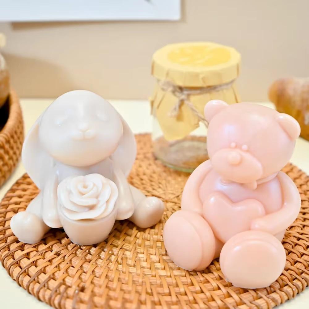 Hold Rose Rabbit Silicone Candle Molds Heart Teddy Bear Resin Moulds Valentine’s Day Gifts Animal Bunny Gypsum Wedding Decor