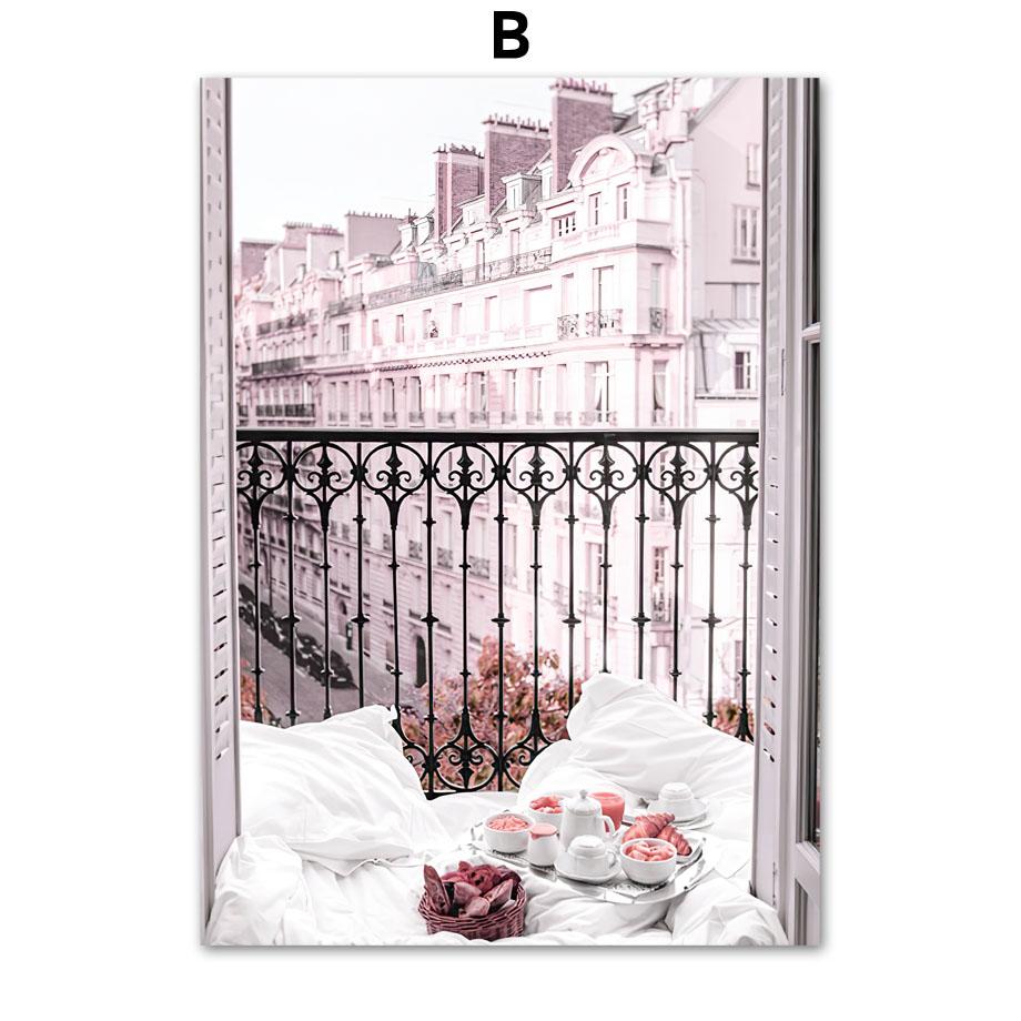 Pink Flower Paris Balcony Car Bike Fashion Wall Art Print Canvas Painting Nordic Poster Decor Pictures For Living Interior Room