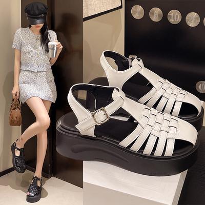 Damensandalen mit dicker Sohle, gewebt, neuer römischer Stil, Schnalle, Strandsandalen, Sommer, Taschenkopf-Schnalle, Sandalen mit weicher Sohle