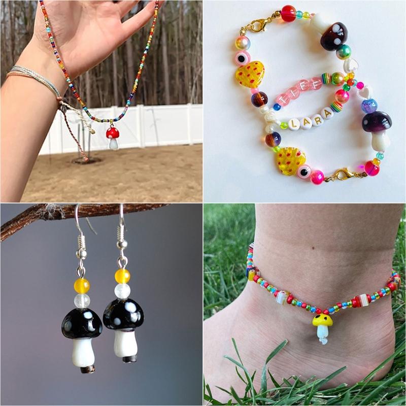 120X Mixed Mushroom Charm Bead Spacer Loose Beads with Clear Elastic Thread Pendant Hook for Jewelry Making DIY Supplies