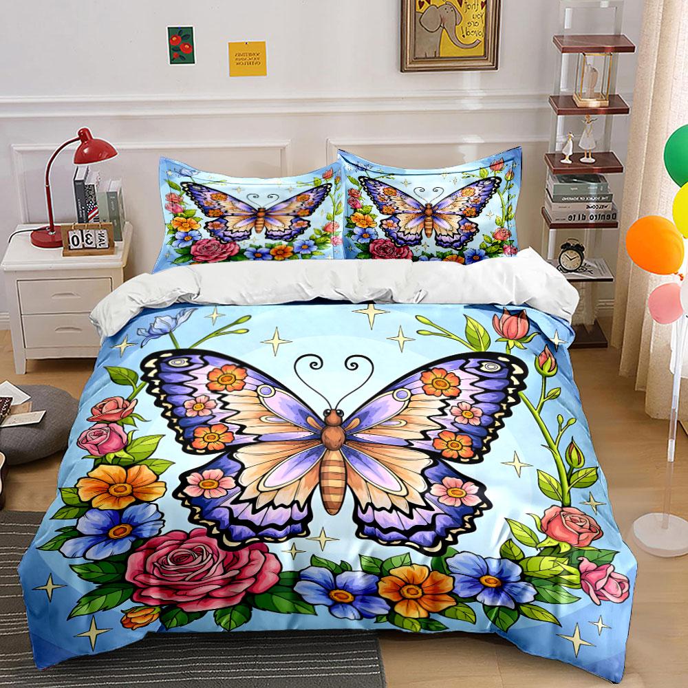 Butterfly and Floral Blossom Bedding Duvet Cover Set (1*Duvet Cover 2*Pillowcases, without duvet insert)