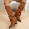 Fashion Fashion Flock High Heels Knee High Boots Women Plus Size 36-43 Pointed Toe Shark Boots Woman Slip On Wide Leg Long Botas Mujer