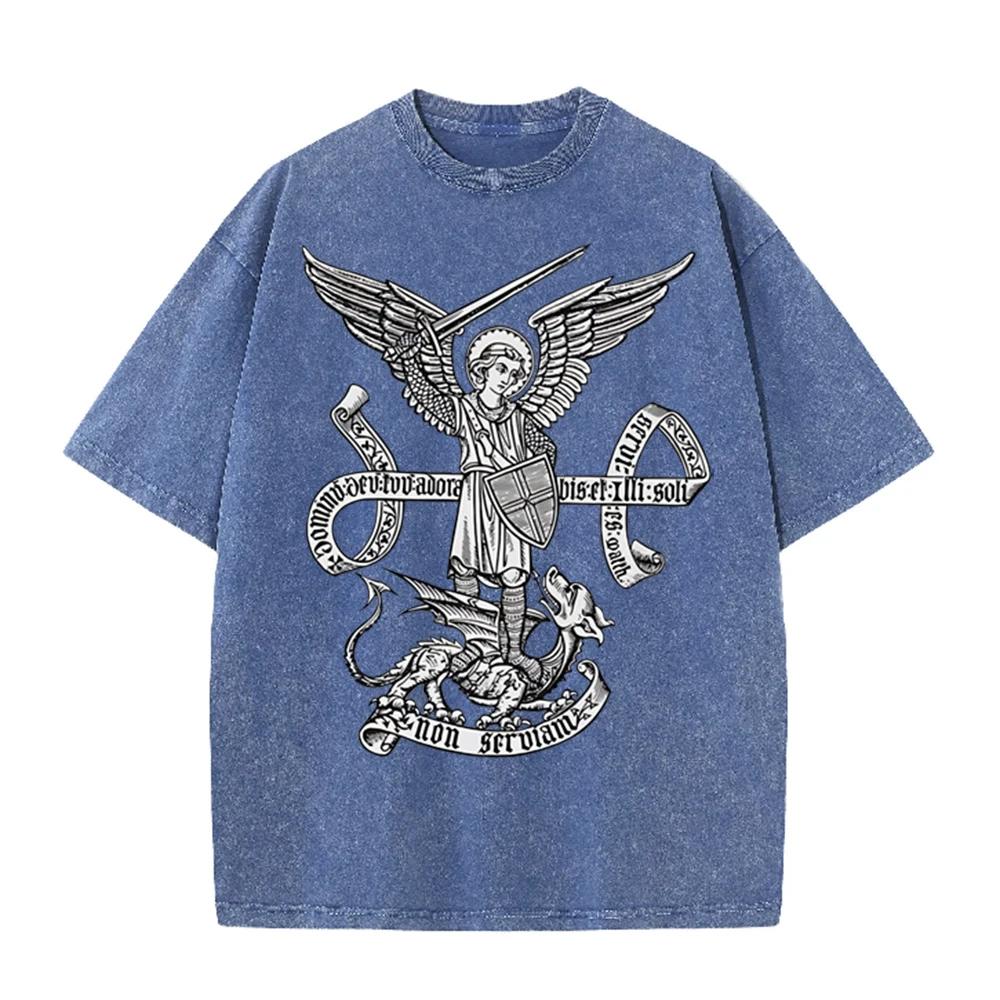 2026 Vintage St Michael Archangel Dragon Scroll Latin Text Graphic Black Acid Washed T Shirt Retro Religious Medieval Streetwear
