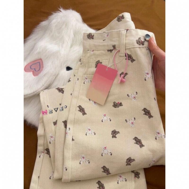 American High Street Bear Floral Jeans Women's New Cartoon Straight Loose Draping Floor-Mopping Wide Legs