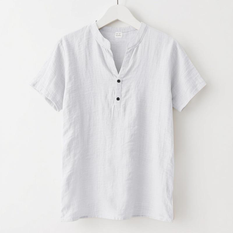 Summer Men's Casual Loose-Fit Shirt with Stand Collar Linen Short-Sleeved Plain-Coloured Shirt Plus Size Menswear
