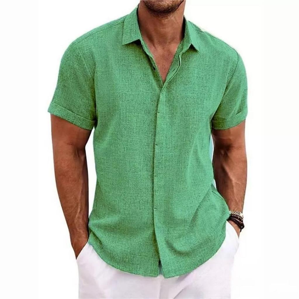 Men's Casual -color Loose Short-sleeved T-shirt Shirt - Men's Cotton And Linen Collar Short-sleeved Top