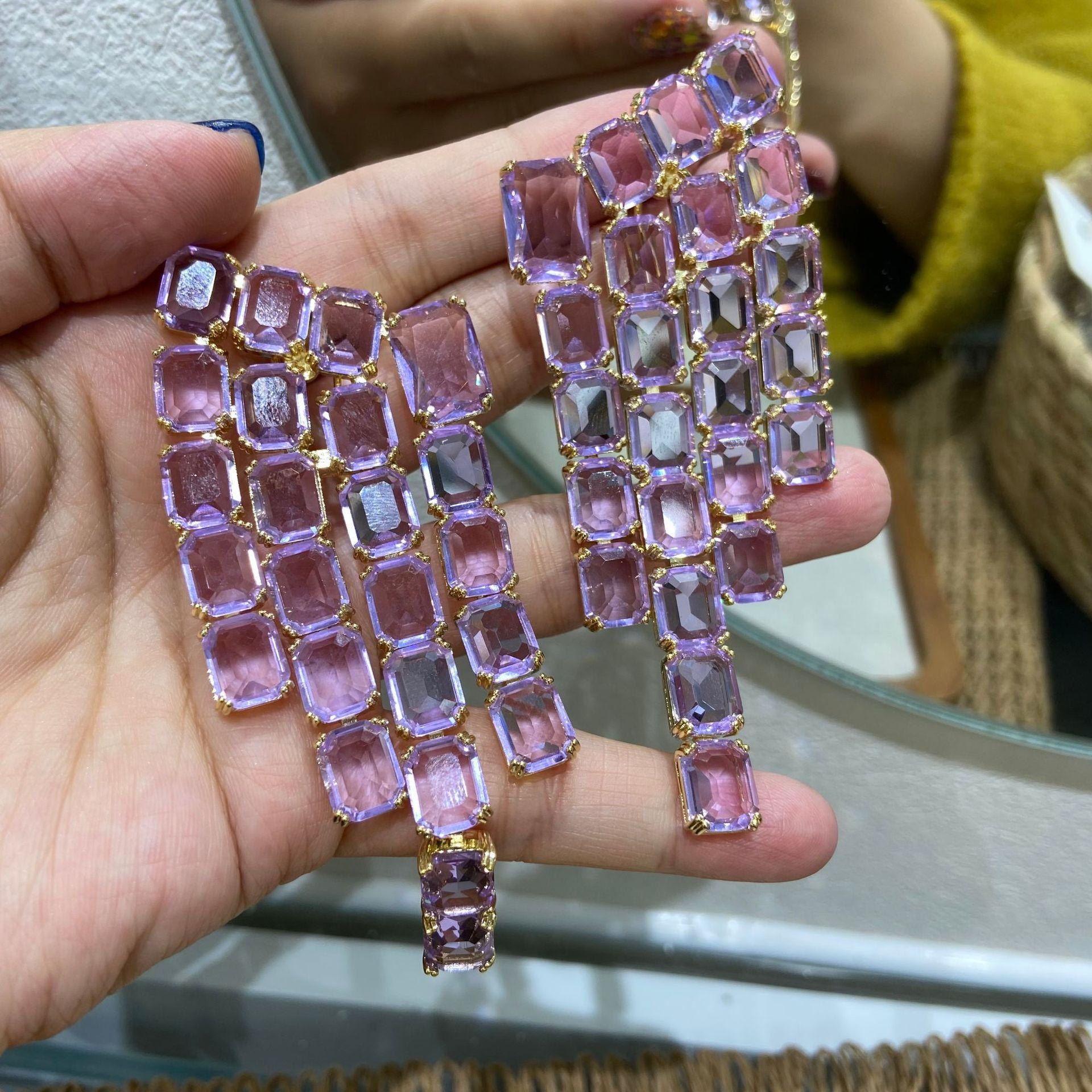 Light Purple Crystal Square Diamond Luxury Sugar Cube Full Diamond High-End Long Earrings Fringed Women