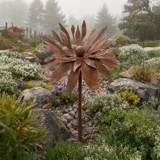 Rusty Outdoor Daisy Flower Metal Yard Stake, Rusted Iron Art Flower Garden Decoration, Weather-Resistant Garden Ornament for Lawn, Pathway, Patio, or