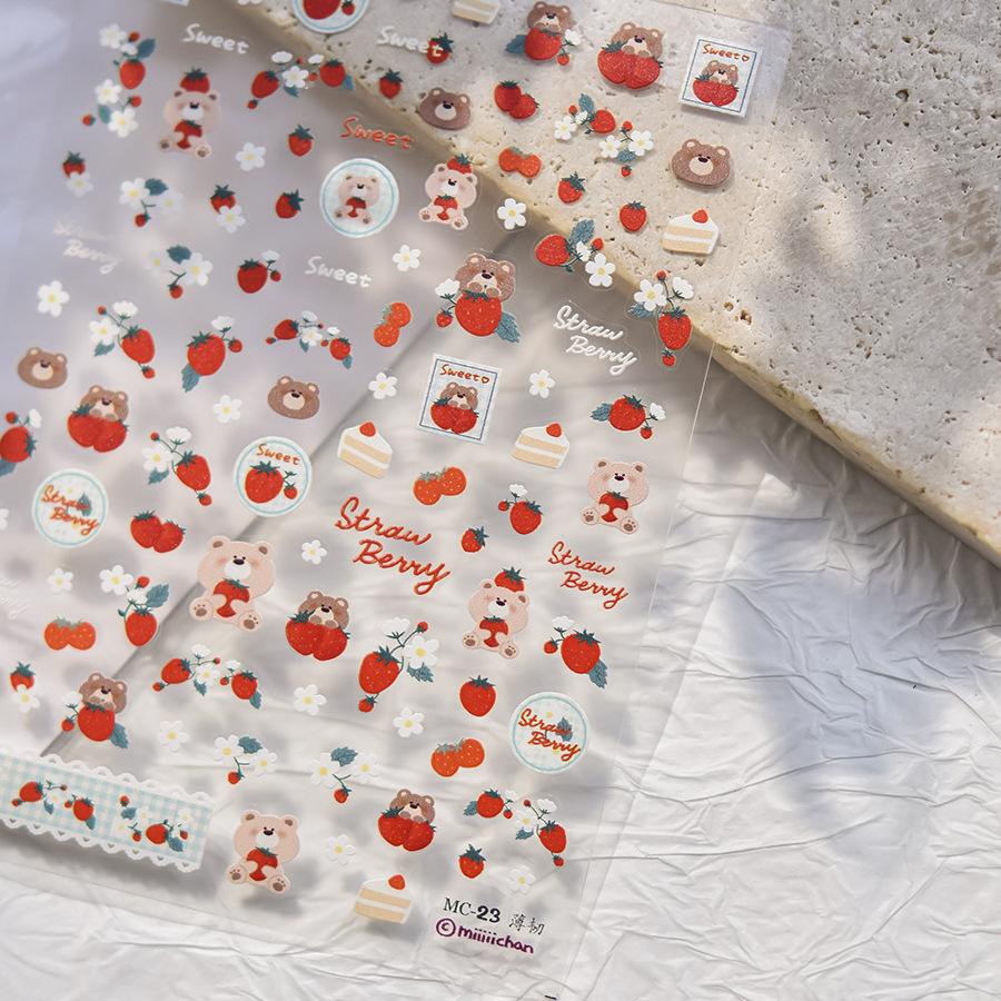 Cute Animals Bear Dog Cake Sweet Cherry Grid Bowknot Star Line Fruit Relief Self Adhesive Nail Art Stickers 5D Manicure Decals