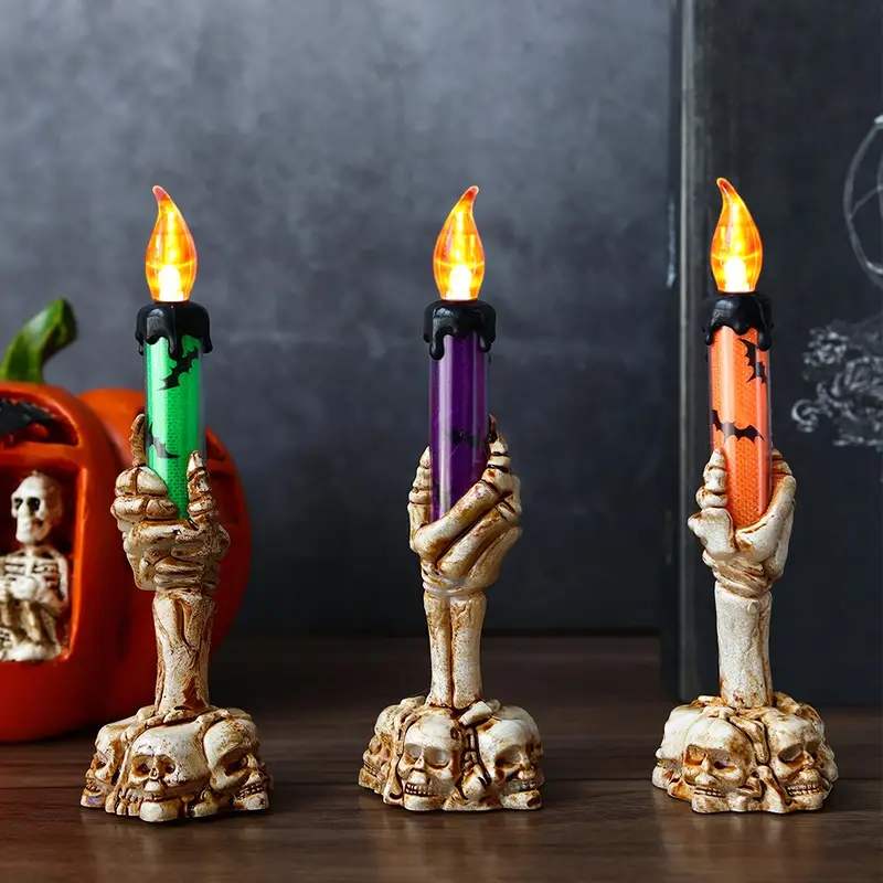 1-3PCS LED Skull Hand Candle Light Battery Operated Flame Effect HalloweenGothic Decoration for Haunted HouseTable Hanging Decor