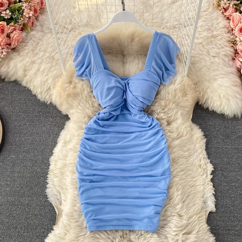 Sexy Short Sleeved High Waist Slimming Pleated Square Collar Wrapped Hip Dress