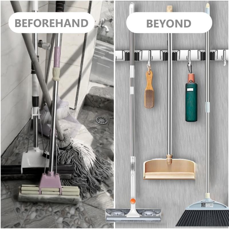 Wall Mounted Rack Space Saving Brooms Organizer Storage Solution for Bathroom