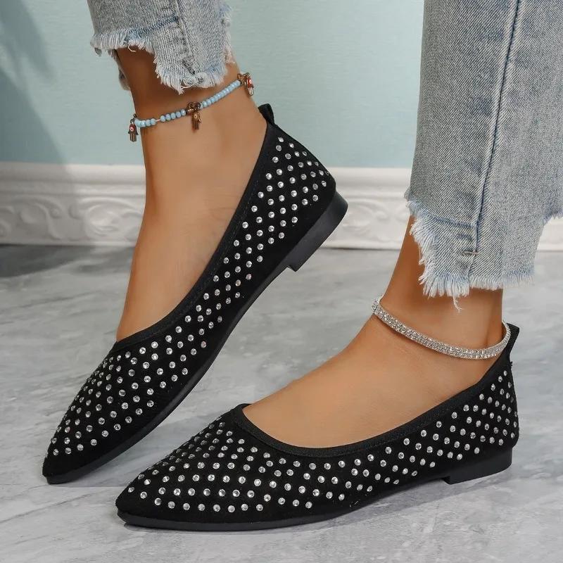 Women's Flat Shoes Autumn New Pointed Head Shallow Mouth Rhinestone Soft Sole Anti-slip Wear-resistant Single Shoes