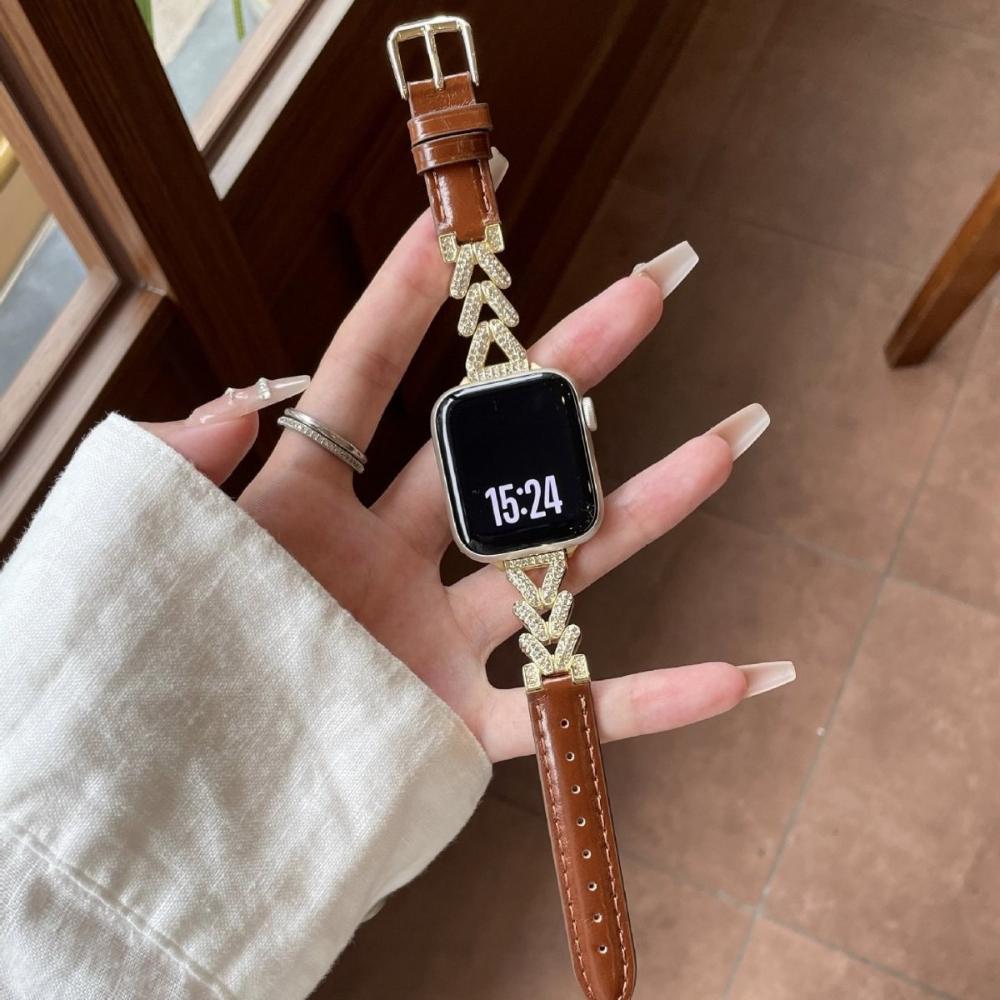 Diamond Leather Watch Straps For Apple Watch Ultra 49mm Metal Bracelet 45 44 41 38 40 42 46mm Women Jewelry Wristband for iWatch S11 10 9 8 SE3 Correa
