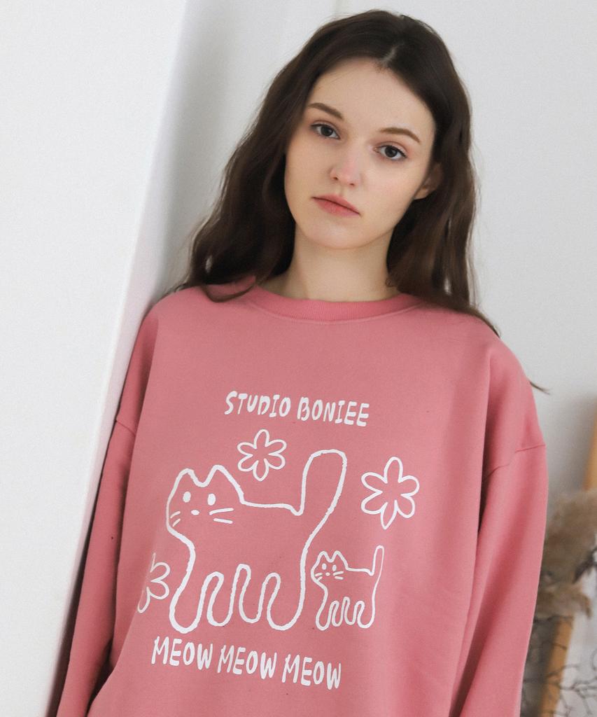 BONIEE [Fleece Lined Selection] Meow Cat Kitten Oversized Sweatshirt Pink