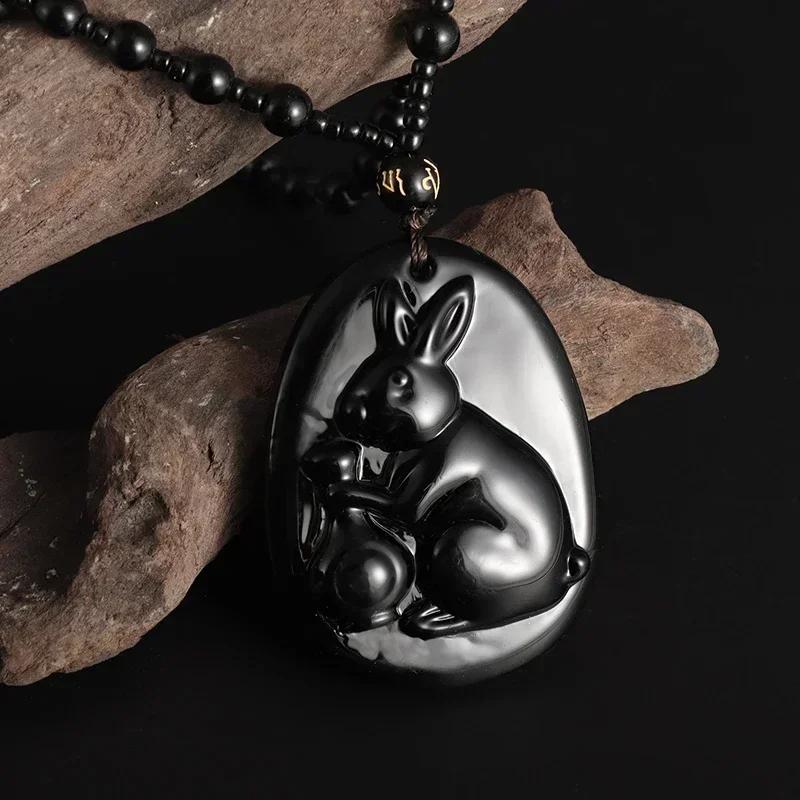 Obsidian Gossip Pendant Necklace Carving Dragon and Phoenix Shape Lucky Amulet Jewelry Six-Character Mantra Pearl Jewelry
