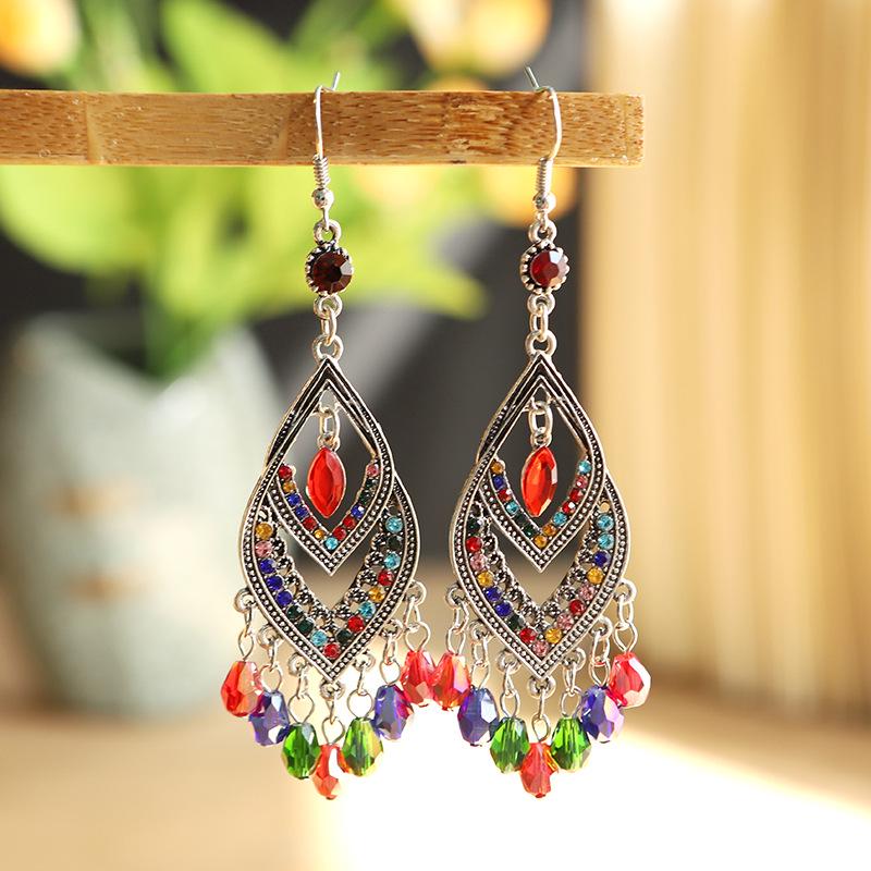 Red Retro Tassel Water Drop Earrings with Diamonds – Chinese Style for Women