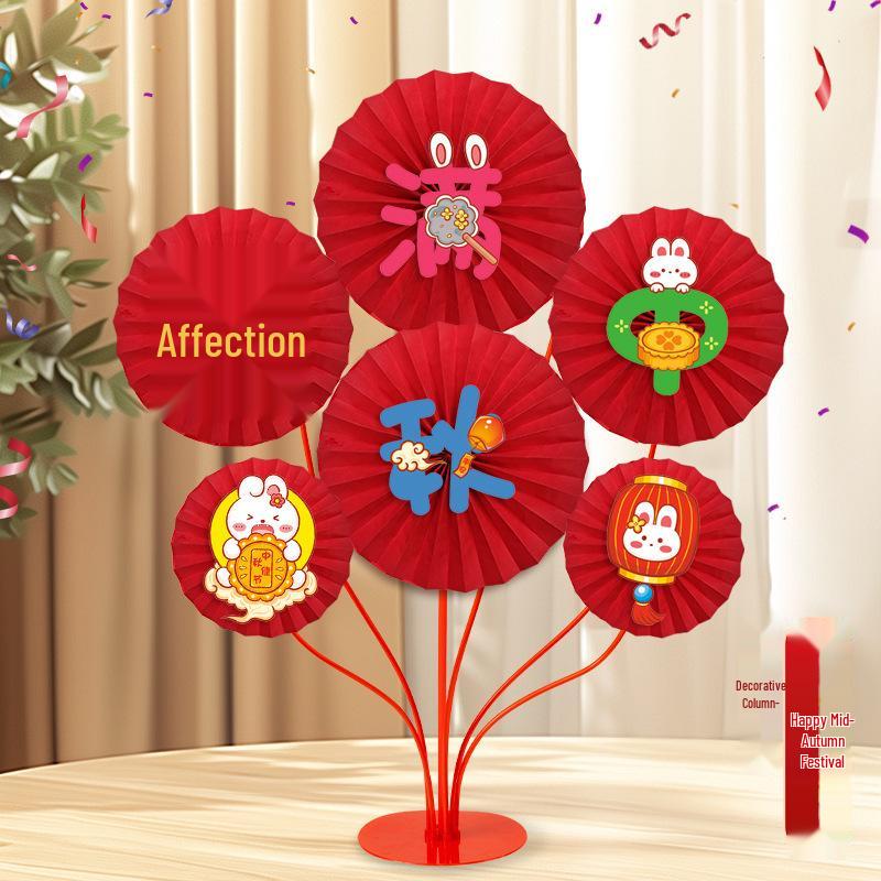 Mid-Autumn Festival Paper Fan & Flower Decorations for Mall, Jewelry Store, Table, and National Day Activities
