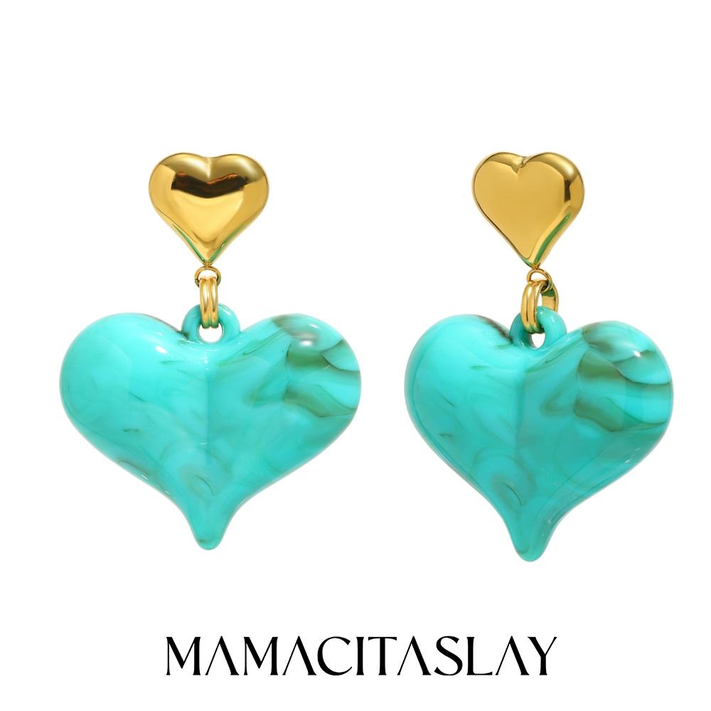 

MamacitaSlay 316L Stainless Steel Resin Double Heart Earrings 18K Gold Plated Waterproof Jewelry Women s Elegant Earrings Gift синій