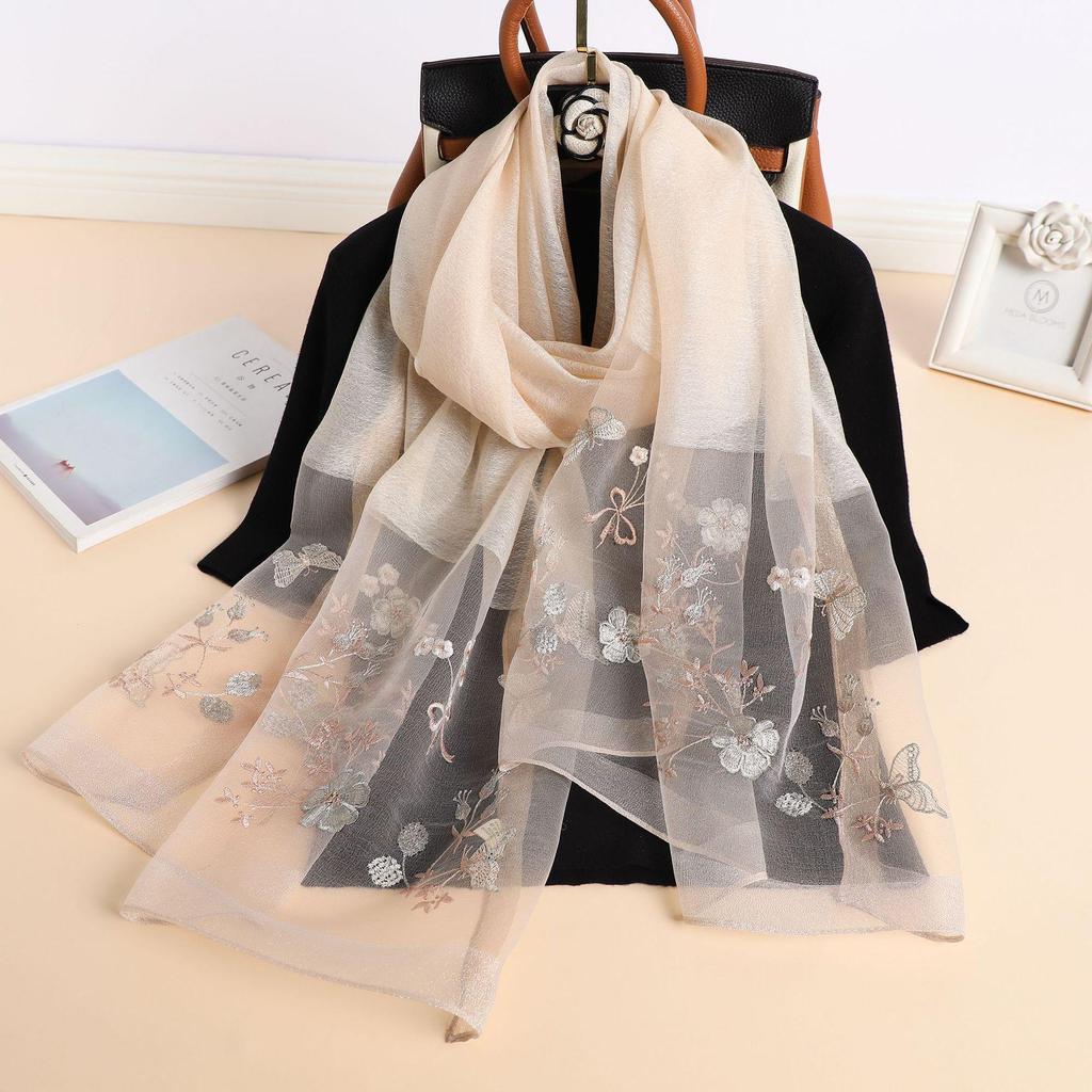 Autumn And Winter Simulated Silk Sunscreen Embroidery Long Silk Scarf Temperament Versatile Shawl Warm Embroidery Scarf Women