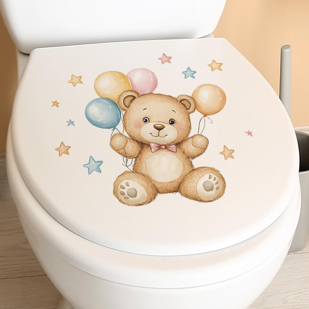 Playful Bear with Balloons Toilet Sticker Waterproof Self-Adhesive Removable Decal for Bathroom WC Home Decor