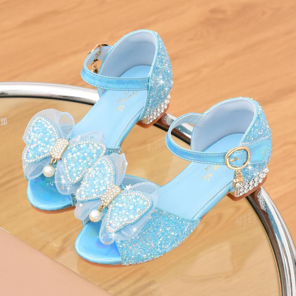 Girls' High-Heeled Crystal Sandals with Rhinestone Bow - Soft Sole Princess Shoes for 2026 Summer Performances